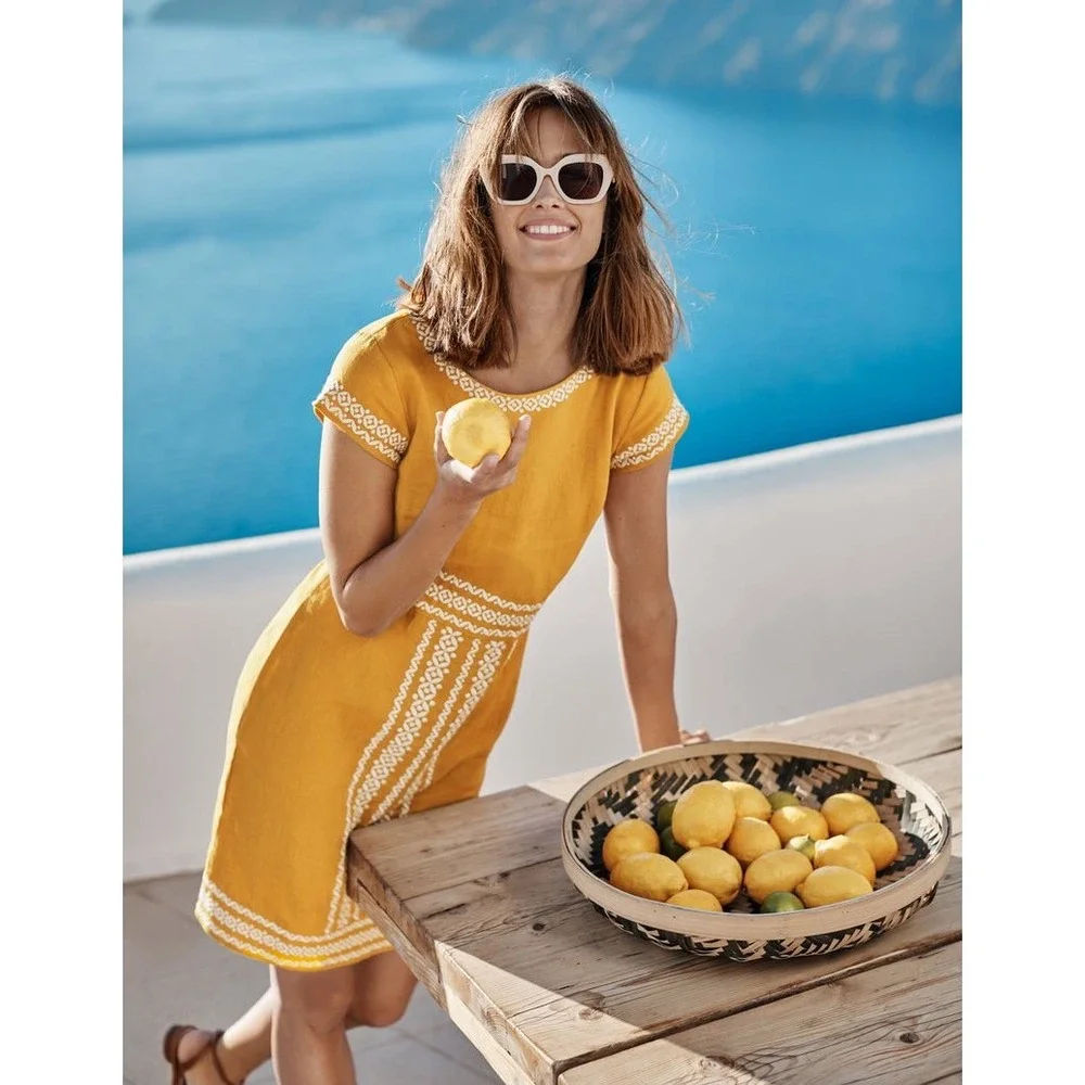 Boden Laura Linen Embroidered Mustard Yellow Linen Shift Dress US 8R